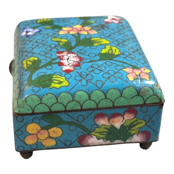 Vintage Cloisonné Floral Trinket Box Handcrafted Blue Enamel Jewelry Keepsake 3" - Picture 7 of 10
